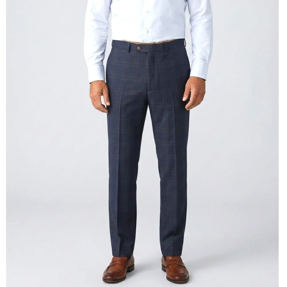 Mattarazzi Uomo Mens 54 IT 36 US Wool Plaid Dress Pants Navy Brown Luca Trousers